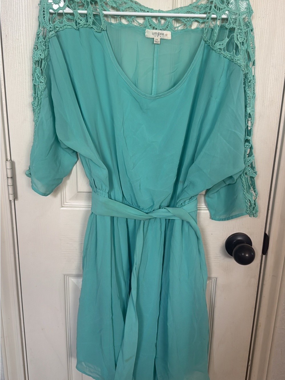 Umgee Teal Crochet Shoulder Belted Dress